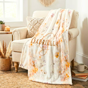 Couverture Polaire Monogramme personnalisé à motif floral élégant aqu