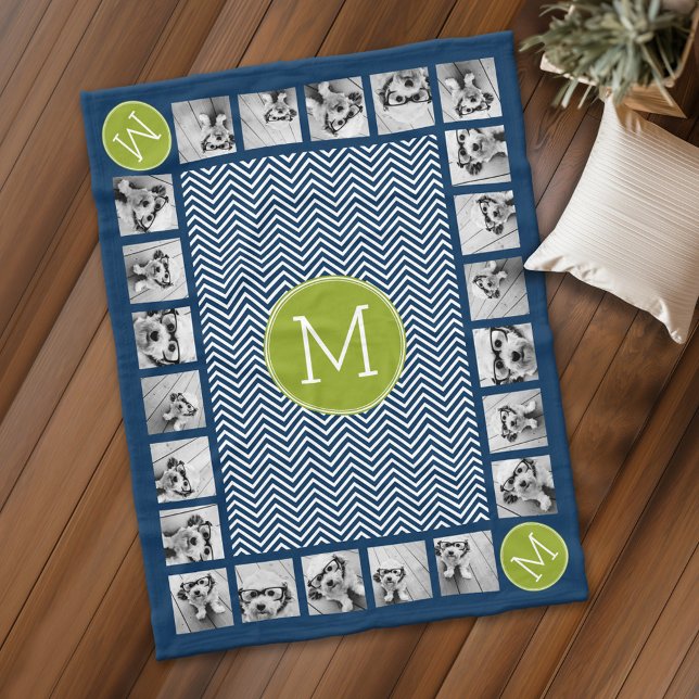 Couverture Polaire Monogramme personnalisé Marine Blue Lime Green Che (Personalized fleece blanket with photos and a monogram)
