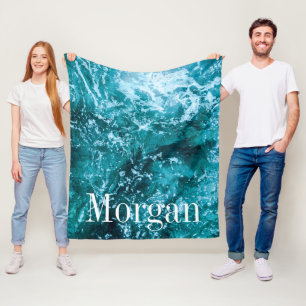 Couverture Polaire Monogramme personnalisé Vagues de mer Turquoise