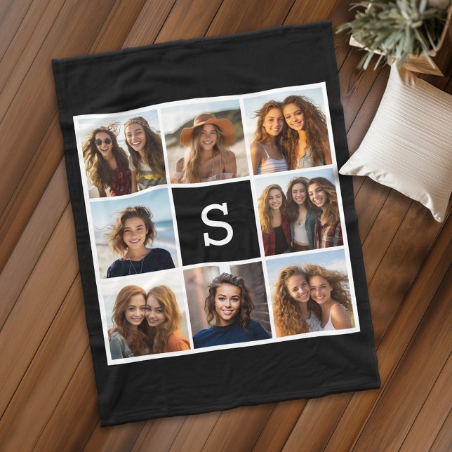 Couverture Polaire Monogramme photo noir blanc personnalisé (Personalized fleece blanket with 8 photos and a monogram)