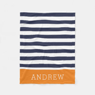 Couverture Polaire Monogramme rayures marine et orange Couleurs mod