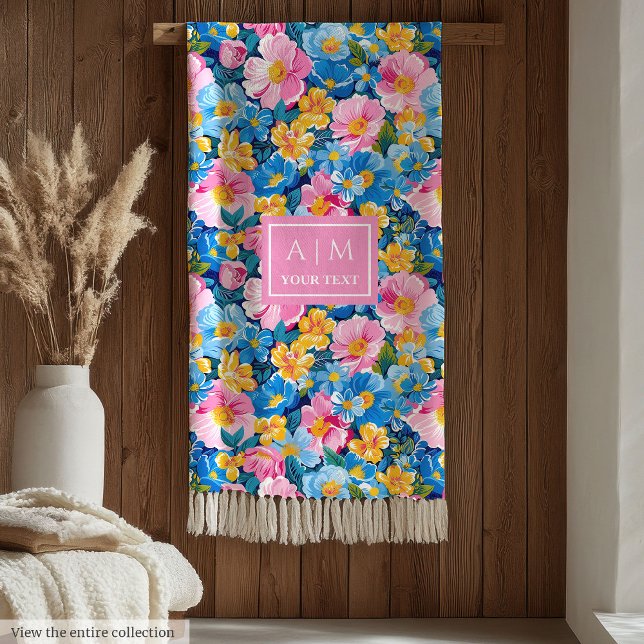 Couverture Polaire Monogramme rose chaude aquarelle preppy fleurs cad (Monogram hot pink watercolor preppy flowers gift Fleece Blanket )