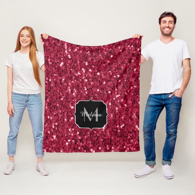 Couverture Polaire Monogramme rose foncé magenta faux scintillants (En situation)