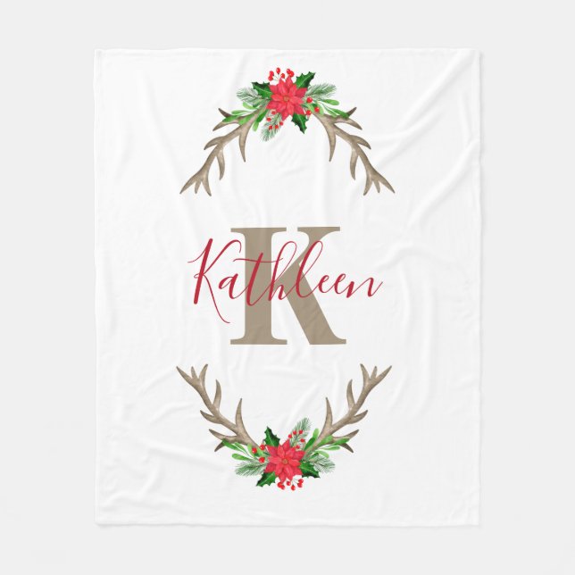 Couverture Polaire Monogramme Rouge Vert Noël Floral Antlers (Devant)
