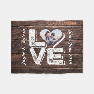 Couverture Polaire Monogramme rustique de cadre de coeur de photo de