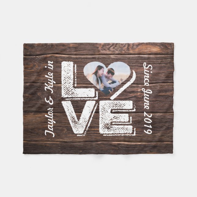 Couverture Polaire Monogramme rustique de cadre de coeur de photo de (Devant (Horizontal))