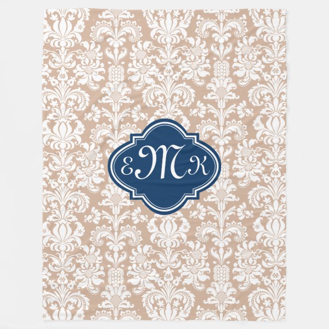 Couverture Polaire Monogramme Tan Et Damas Florales Blanches (Devant)