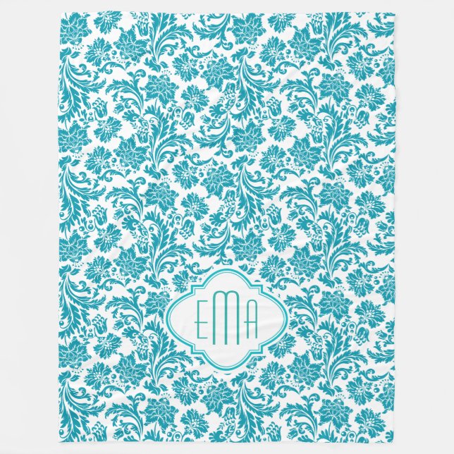 Couverture Polaire Monogramme Turquoise & Blanc Floral Damas (Devant)