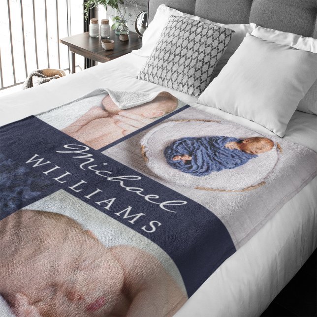 Couverture Polaire Monogrammes Photos Collage Navy Blue Nouveau-né bé (Celebrate your new addition with this 4 photos monogrammed fleece blanket.)