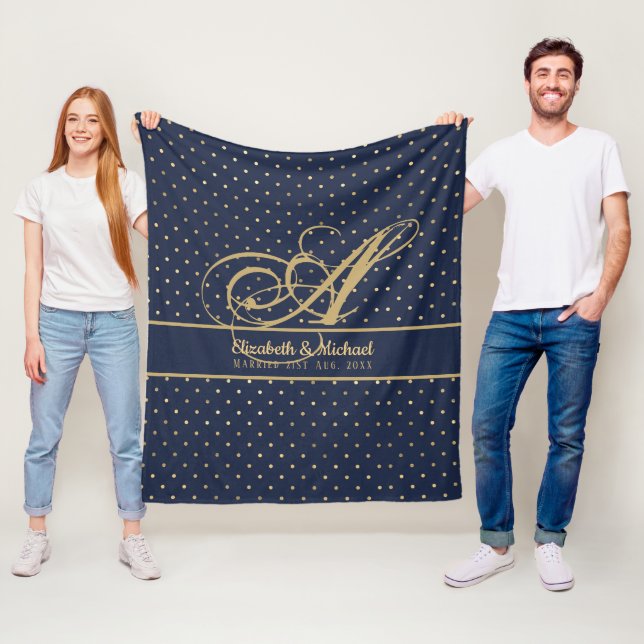 Couverture Polaire Monorgam Navy Blue Gold Polkadot Newlywes Mariage (En situation)
