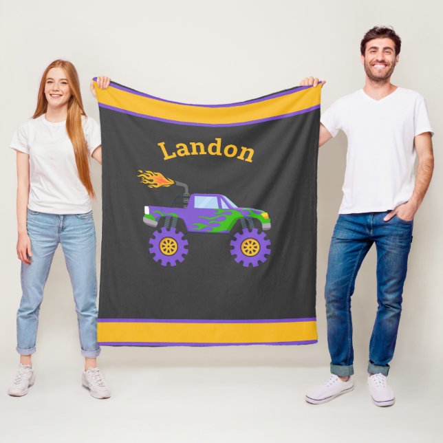 Couverture Polaire Monster Truck Nom personnalisé Enfants Fleece Blan (En situation)