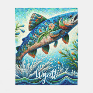 Couverture Polaire Mosaïque florale bleue personnalisée de saumon sau