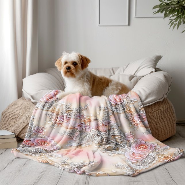 Couverture Polaire motif 3-D de roses rose et argent (Créateur téléchargé)