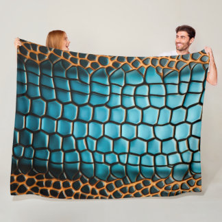 Couverture Polaire Motif à écailles de reptile noir et or turquoise