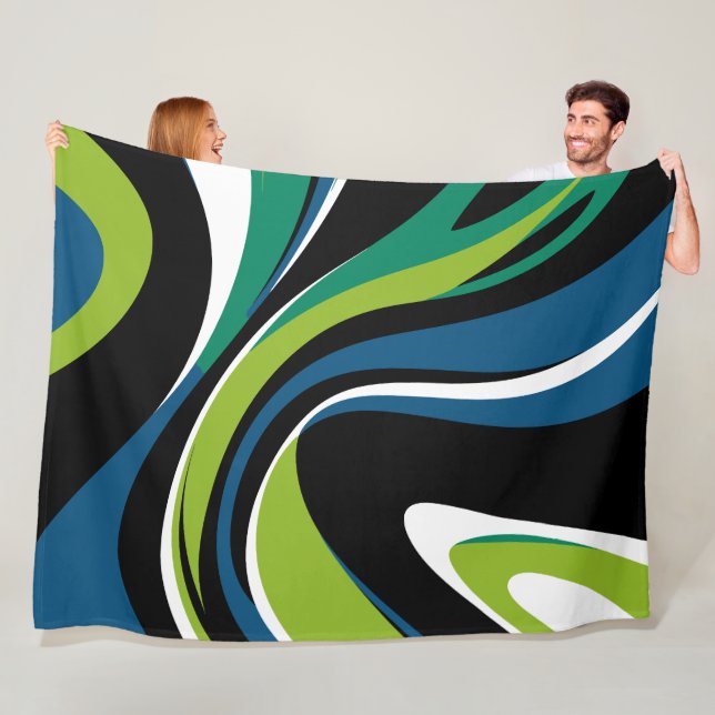Couverture Polaire Motif Abstrait dynamique en vert et bleu (En situation)