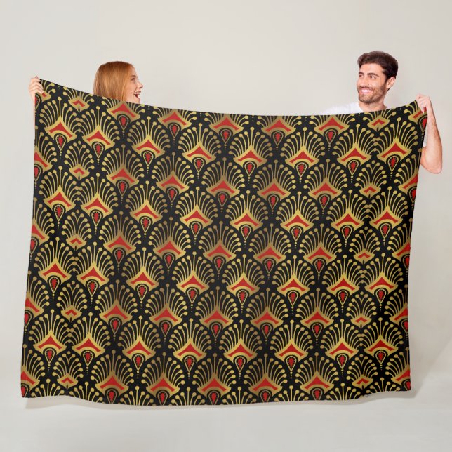 Couverture Polaire Motif Art déco or et rouge sur noir (En situation)