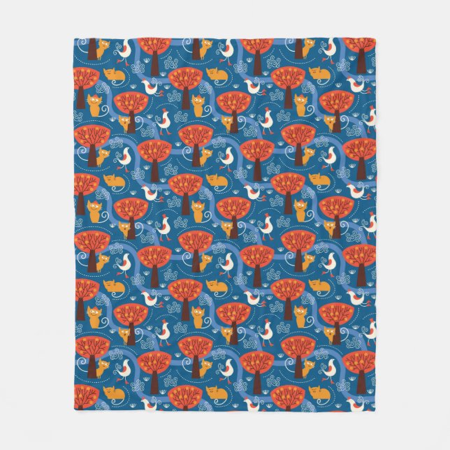 Couverture Polaire motif avec les chats et les oiseaux mignons (Devant)