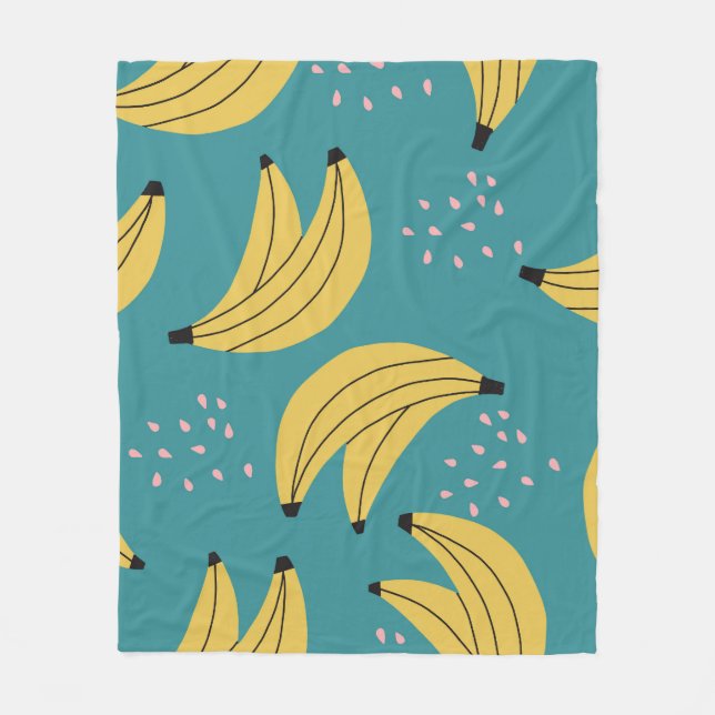 Couverture Polaire motif banane vintage, arrière - plan bleu. (Devant)