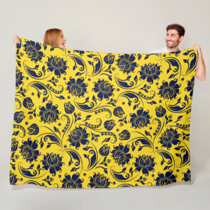 Couverture Polaire Motif bleu Floral Damask Sur Jaune