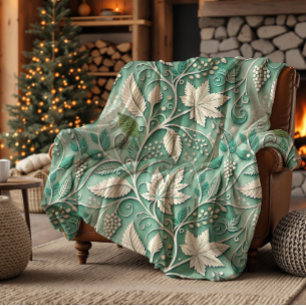 Couverture Polaire Motif botanique vintage vert pastel beige