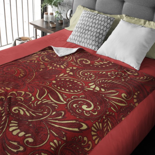 Couverture Polaire Motif Burgundy Red Gold Indian Paisley (Créateur téléchargé)
