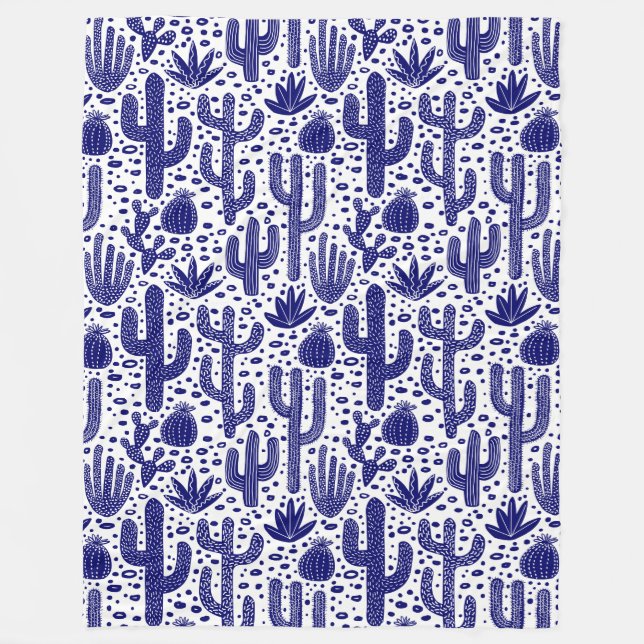 Couverture Polaire Motif Cactus - Bleu foncé et Blanc (Devant)
