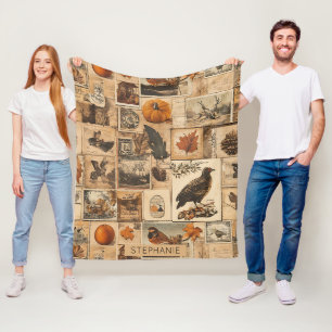 Couverture Polaire Motif Collage d'automne vintage   Ephémère rustiqu