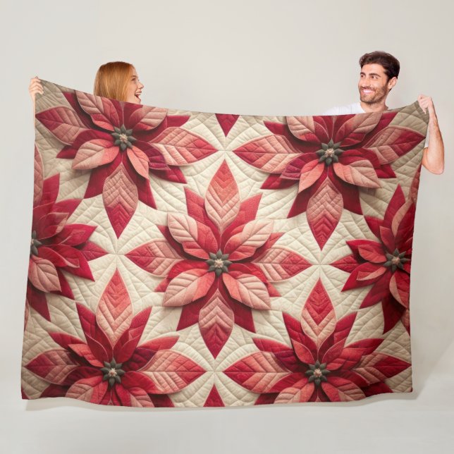 Couverture Polaire Motif courbé Poinsettia crème rouge (En situation)