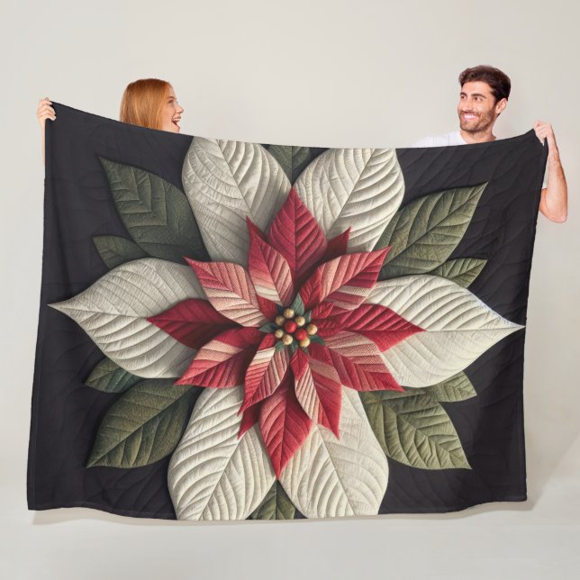 Couverture Polaire Motif courbé Poinsettia Rouge Vert Noir (En situation)