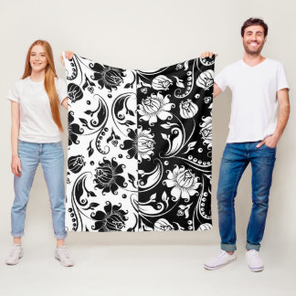 Couverture Polaire Motif damassé floral inverse noir et blanc