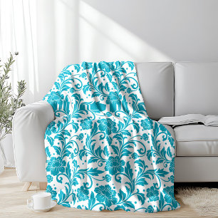 Couverture Polaire Motif damassé floral turquoise et blanc