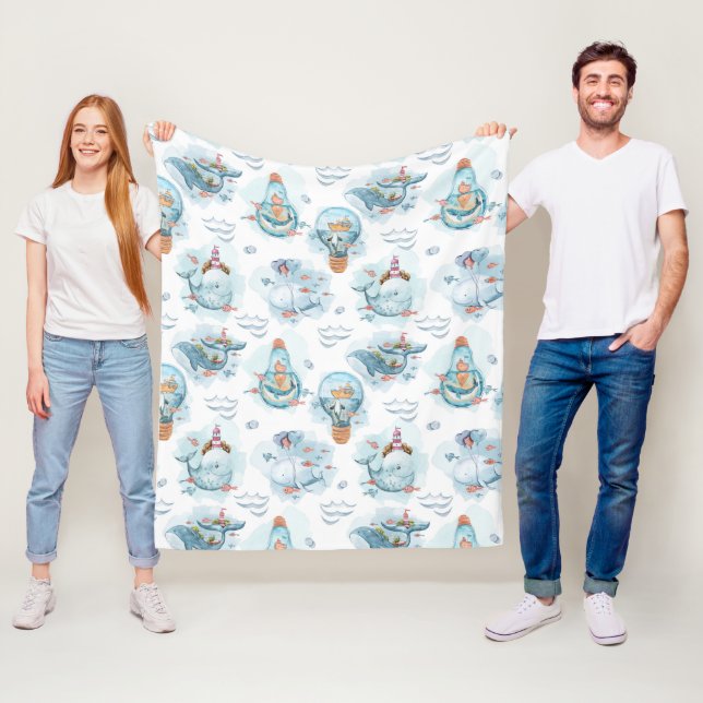 Couverture Polaire Motif d'aquarelle de la belle baleine nautique (En situation)