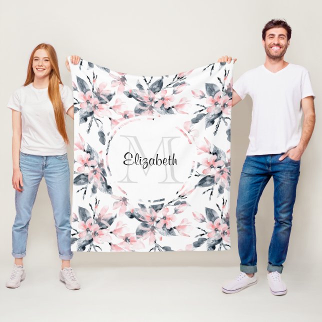 Couverture Polaire Motif d'aquarelle rose et gris (En situation)