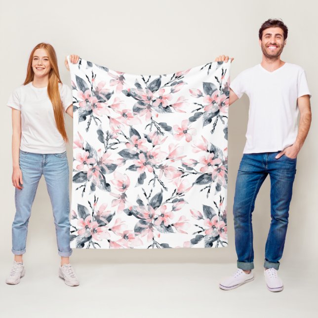 Couverture Polaire Motif d'aquarelle rose et gris (En situation)