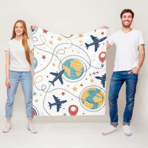 Couverture Polaire Motif d'aviation de voyage mondial (1)