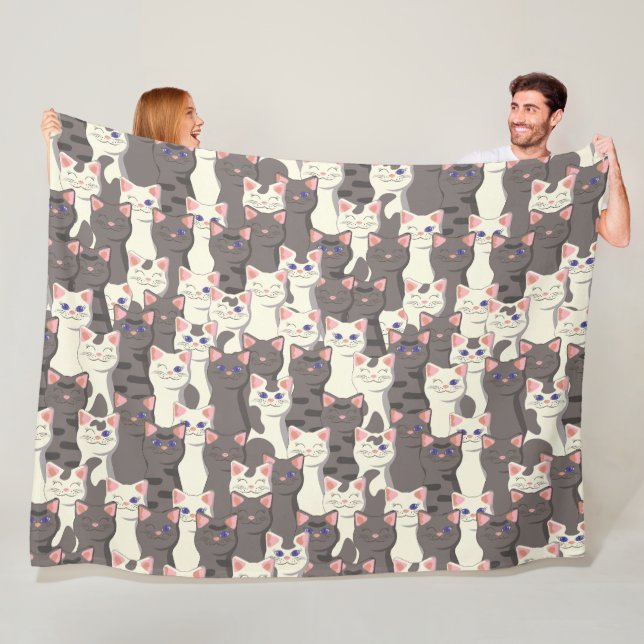 Couverture Polaire Motif de chats blancs et gris (En situation)
