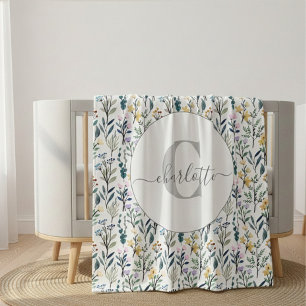 Couverture Polaire Motif de fleurs sauvages aquarelle boho Monogramme