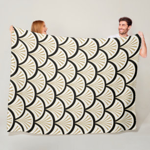 Couverture Polaire Motif de flores art-déco beige et noir