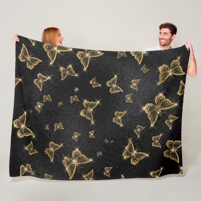 Couverture Polaire Motif de glam or et papillons noirs (En situation)