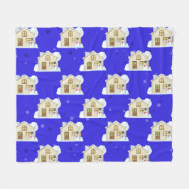 Couverture Polaire Motif de maison de Noël - Fond bleu 