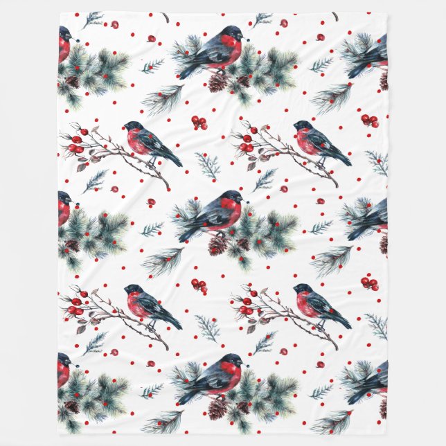 Couverture Polaire Motif de Noël Bull-finch & Evergreens (Devant)