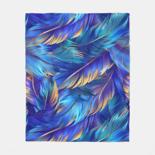 Couverture Polaire Motif de plumes d'or bleu chic