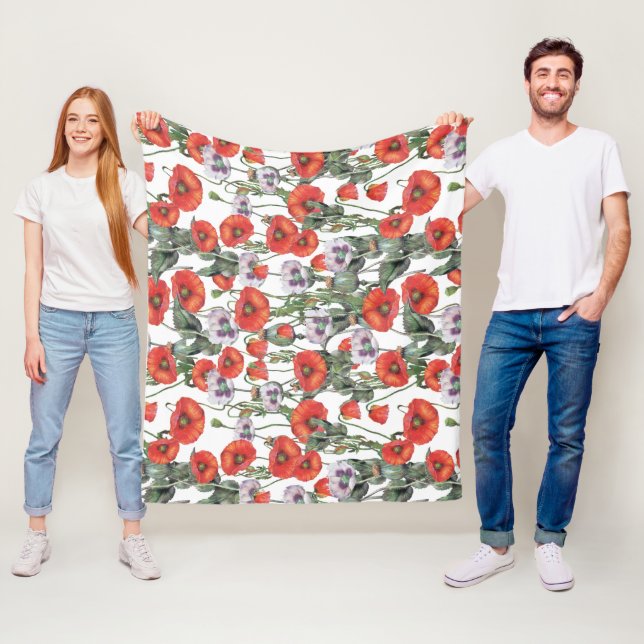 Couverture Polaire Motif de Poppies rouges et violettes (En situation)