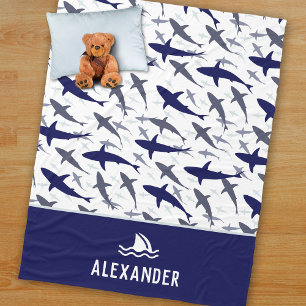 Couverture Polaire Motif de requin bleu et blanc avec nom Boy