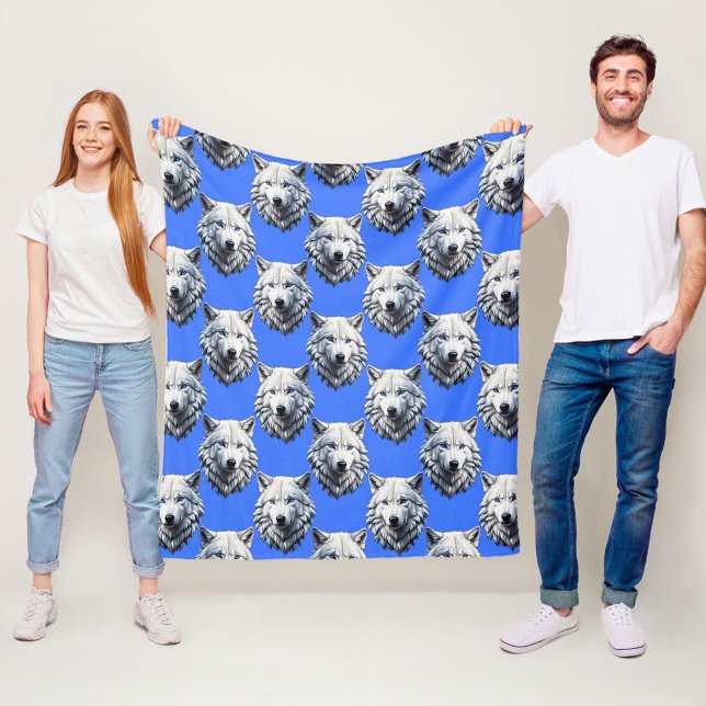 Couverture Polaire Motif de tête de loup blanc Design bleu (Créateur téléchargé)