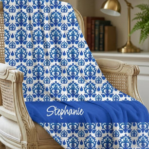 Couverture Polaire Motif de toile française bleue avec monogramme