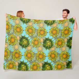 Couverture Polaire Motif de tournesol jaune avec feuillage et bourgeo