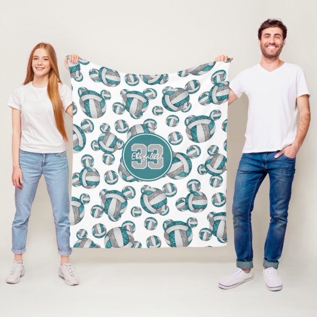 Couverture Polaire motif de volley-ball gris blanc turquoise (En situation)