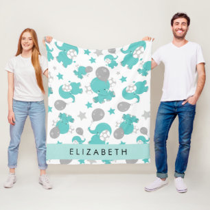 Couverture Polaire Motif Des Eléphants Bleus, Étoiles, Votre Nom