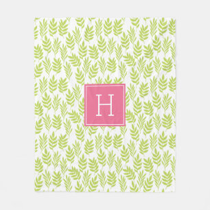Couverture Polaire Motif Feuille vert et monogramme rose